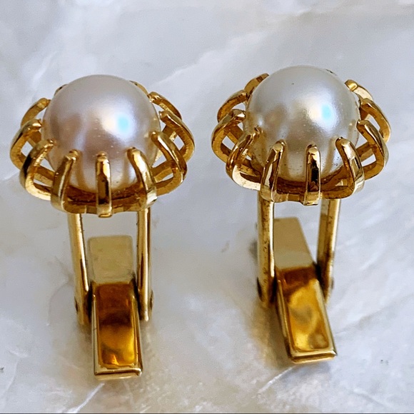 Vintage Faux Pearl Claw Gold Tone Cufflinks Unisex - Picture 4 of 8